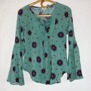 Sunset & Sixth Teal Floral Tie Blouse
